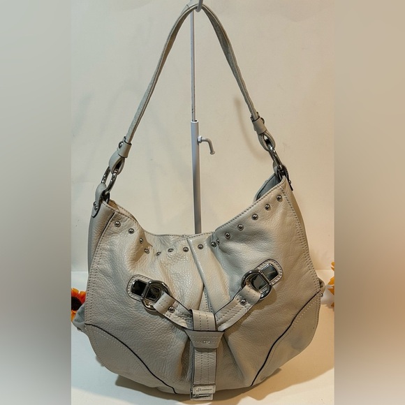 B Makowsky Gray Genuine Leather Studded Hobo Shoulder Bag Tote Purse - Picture 12 of 12